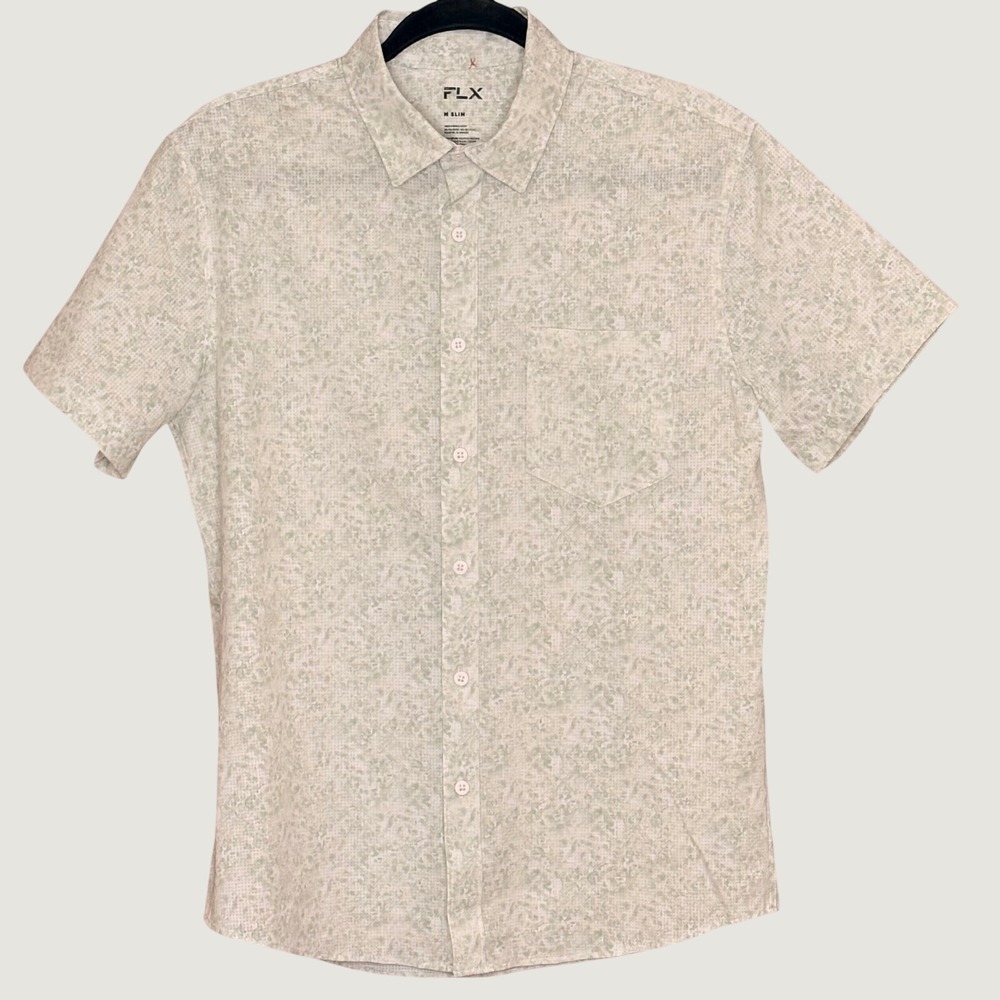 FLX Button Down Shirt Mens Medium Slim Green Excellent Short Sleeve Grid Stretch